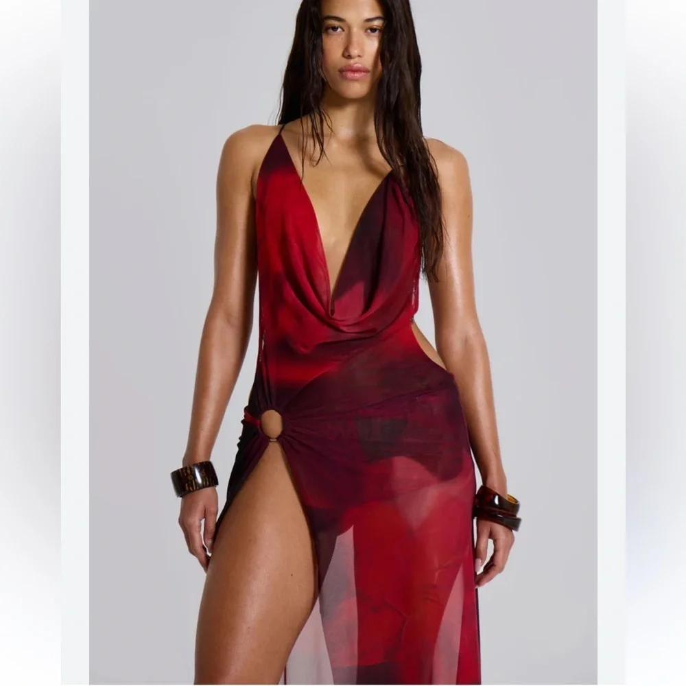 Jaded London Vixen Red Maxi Dress micro mesh print cut out Revolve NWT 2